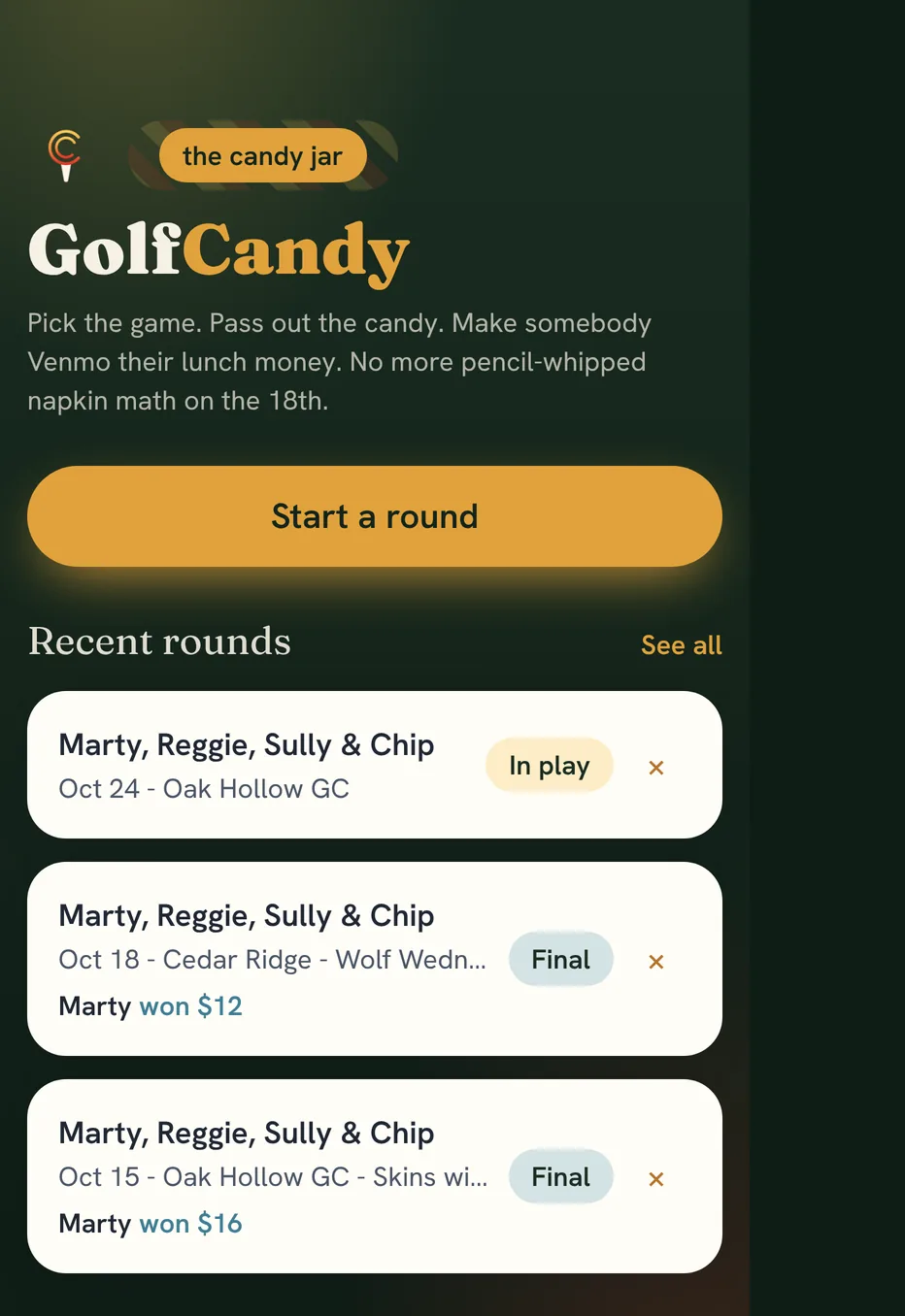 GolfCandy home on the iPhone Duo's outer display with the tabs in the side strip
