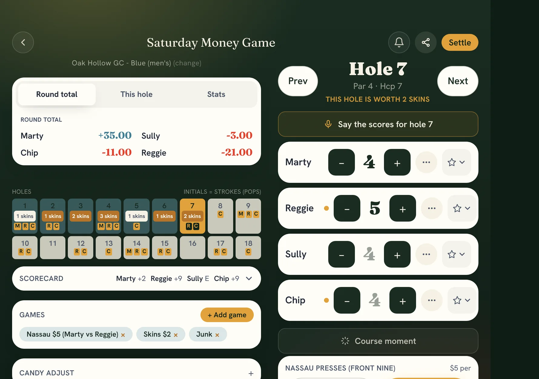 GolfCandy open on the iPhone Duo: the money, holes, and scorecard on the left page and score entry on the right